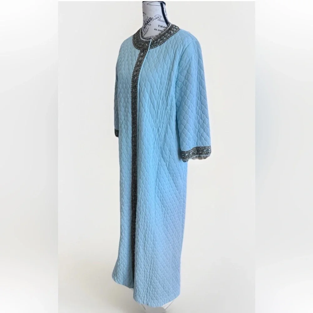 Vintage 70s Flobert Edwardian Baby Blue Bling Quilt Mod Long Robe House Coat - Picture 6 of 16